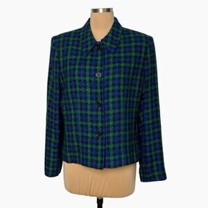 Kasper ASL Blazer Jacket Womens 14 Blue Green Houndstooth Button Front 90s Vtg